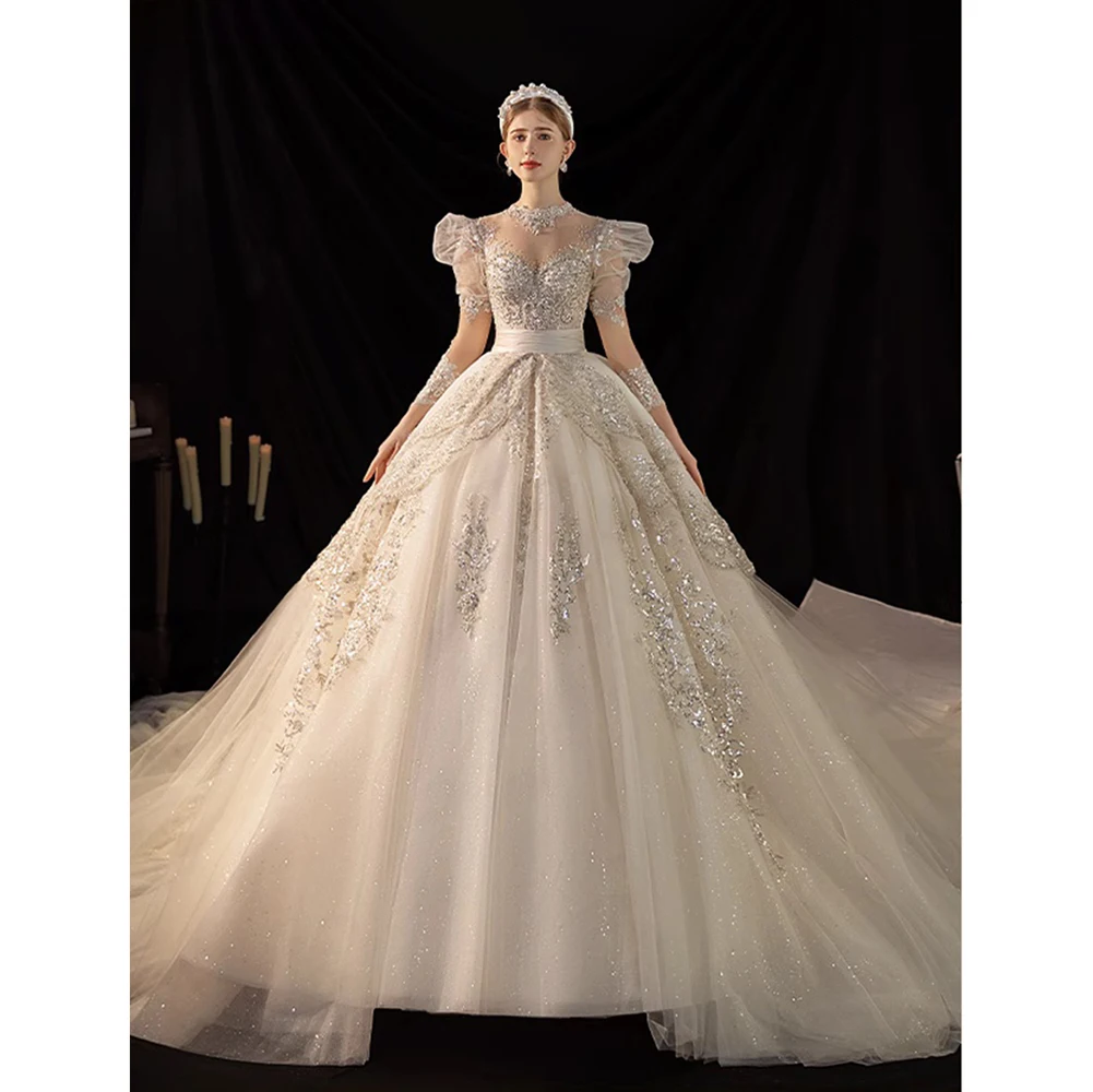 Dreamy Sweet Wedding Dress Delicate Tulle O Neck Three Quarter Sleeve Bridal  Gown Lace Applique Beaded Bow Bride Dress