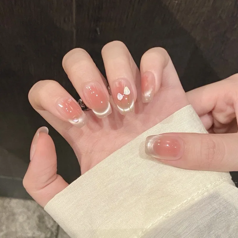 10 pçs artesanal flor moda unhas falsas verão rosa olho de gato francês quadrado imprensa em unhas primavera verão unhas falsas removíveis