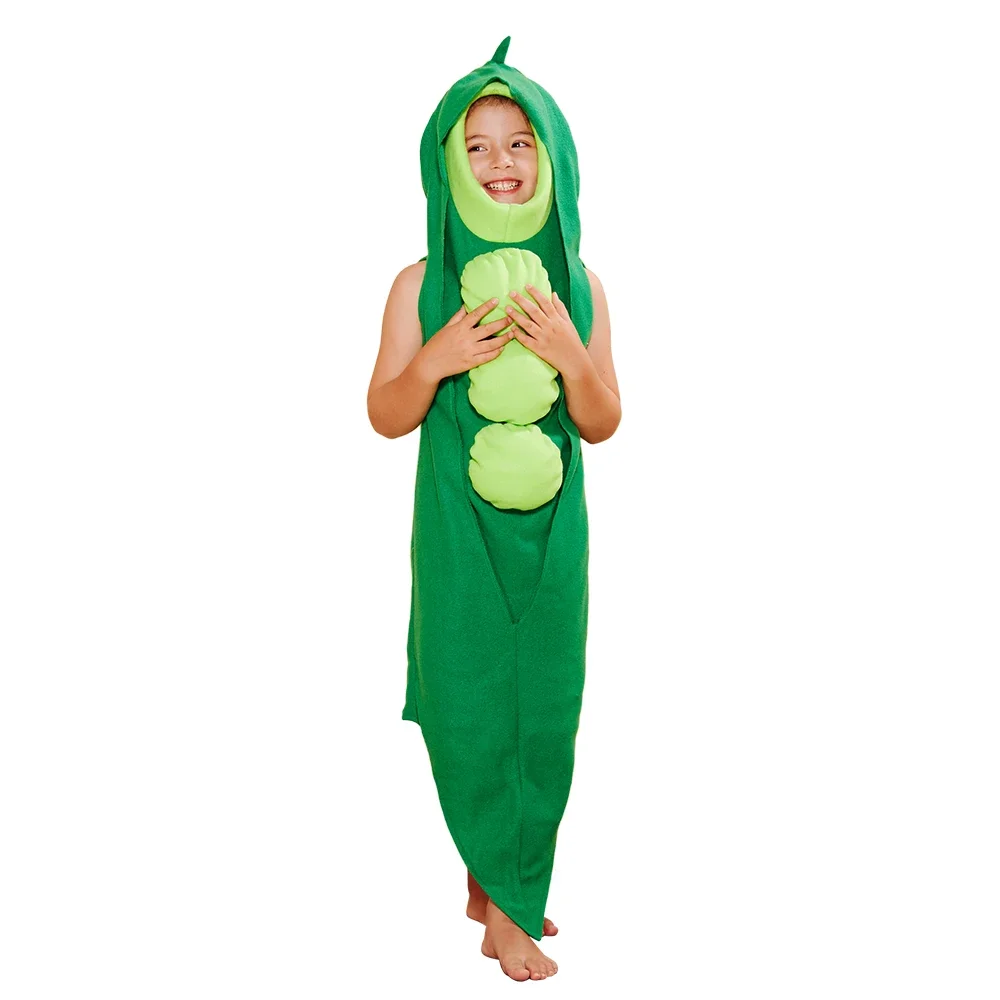 Reneecho Child Pea Pod Costume Kids Funny Food Vegetable Cosplay Outfit Halloween Unisex Jumpsuits Carnival Party Purim Dress Up