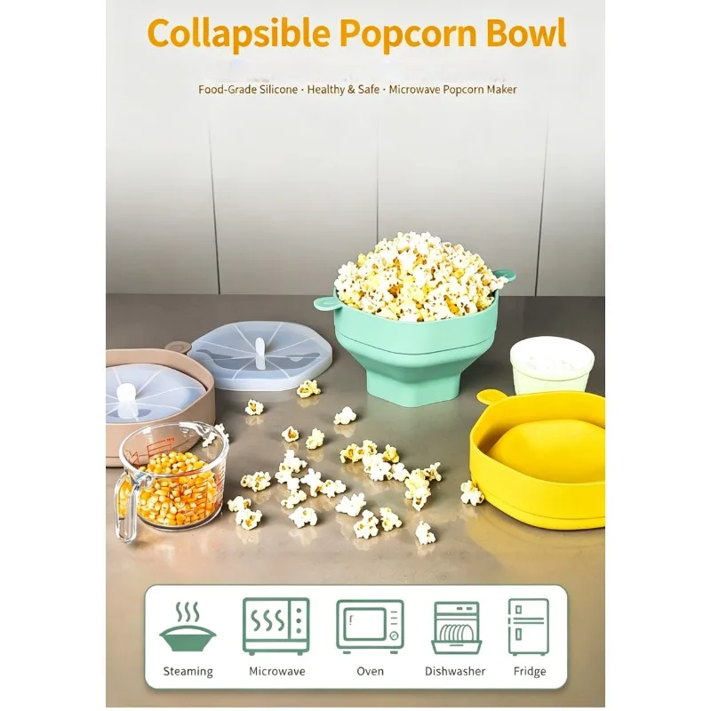 Collapsible Silicone Popcorn Bowl Microwave‑safe Food Grade Popcorn Maker with Lid for Home DIY Popcorn