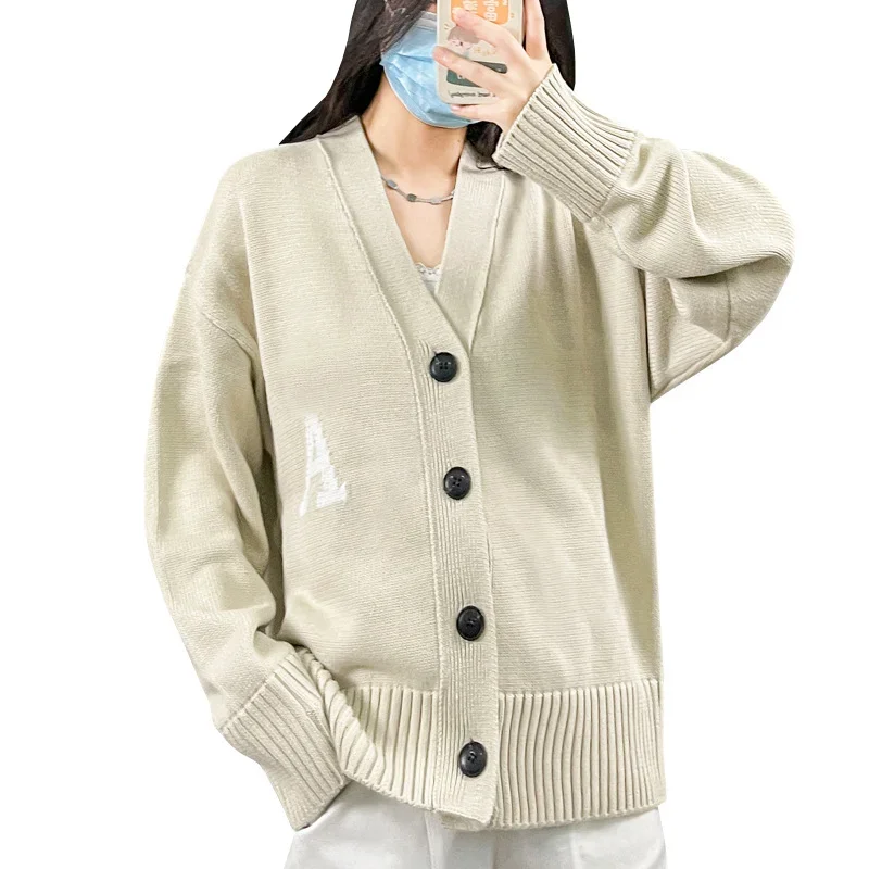 Couples Wear Knitting Cardigans Letter 2024 V-neck Sweaters Women Solid Color Casual Wool Knitted Tops Men Clothing Cotton Loose