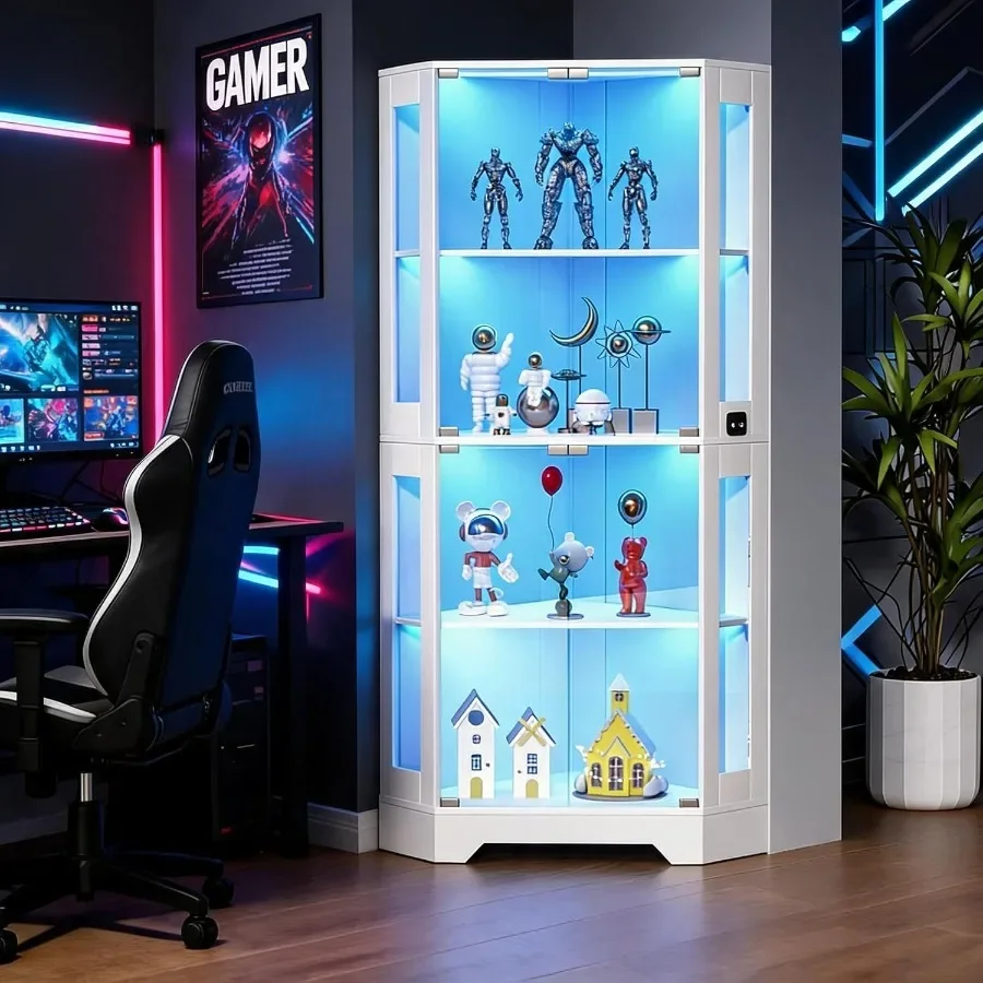 65 White Corner Collectible Curio Cabinet with Motion-Sensor 3-Color LED Light for Display and Storage view 3