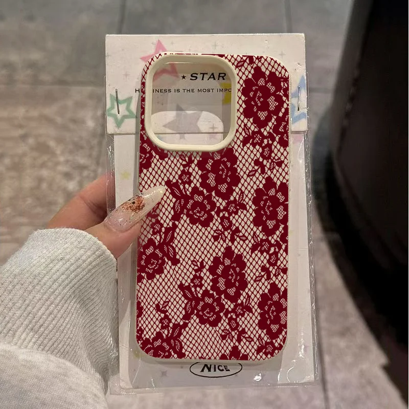 Vogue Wine Red Rose Lace Phone Case For Samsung Galaxy S26 Ultra S24 S25 Plus S23 FE S22 A16 A26 A36 A56 A37 A57 A55 Soft Cover