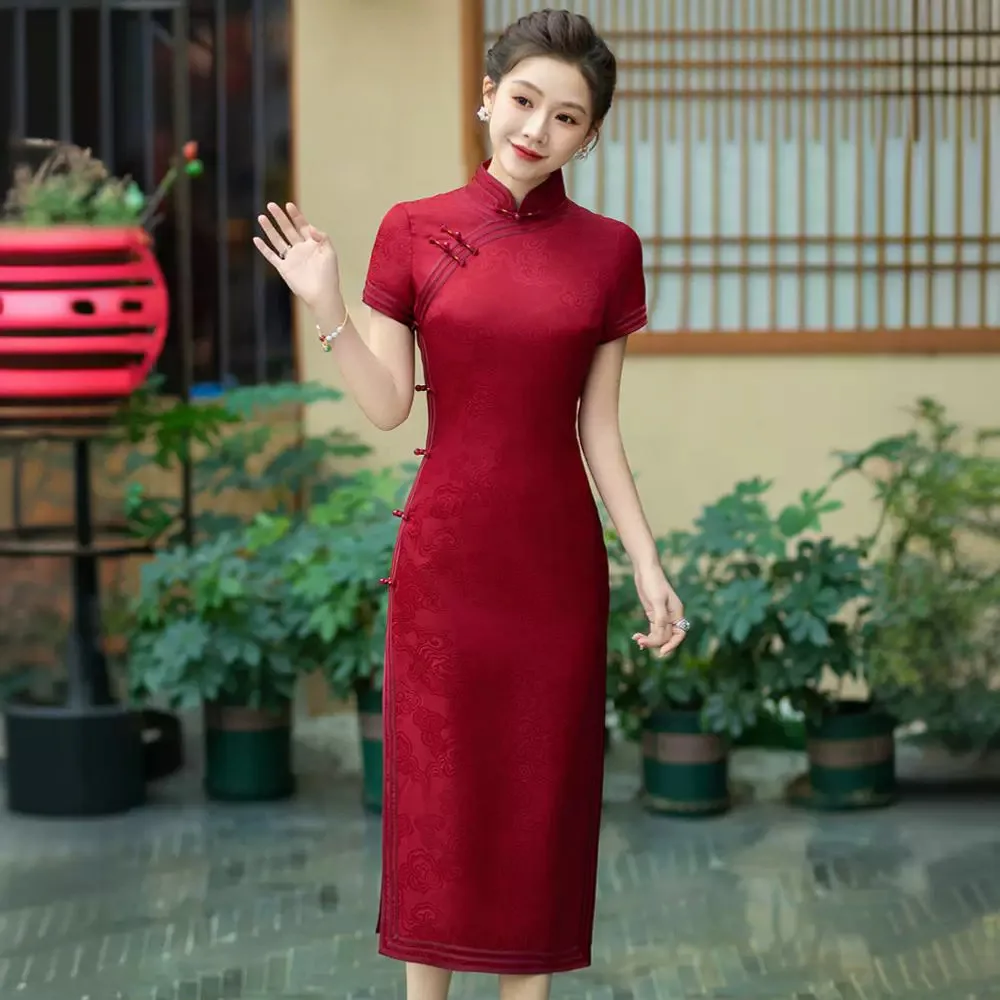 

High-End Red Quality Real Silk Cheongsam Qipao Wedding Reception Clothes Improved Chinese Dress Chi-Pao