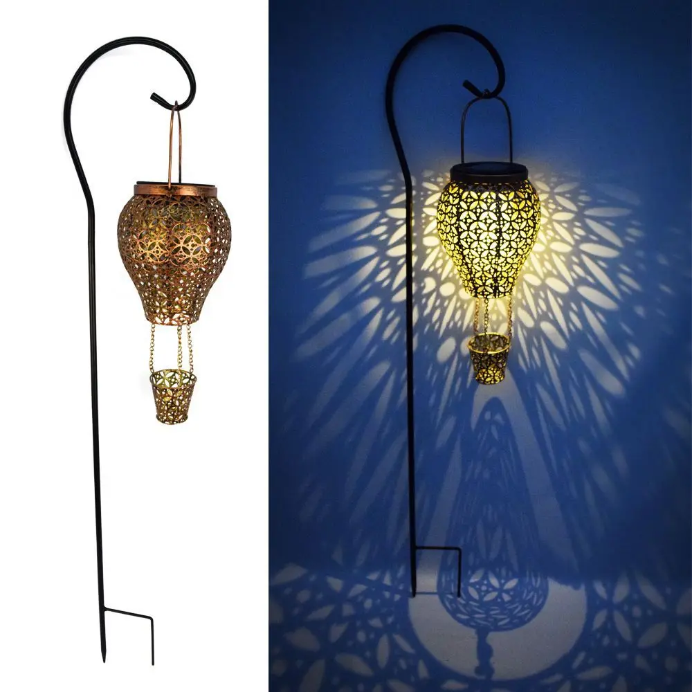 

Outdoor Solar Iron Hot Air Balloon Lamp Hollow Red Lantern Landscape Garden Balcony Villa Decoration Projector LED Lawn Lights