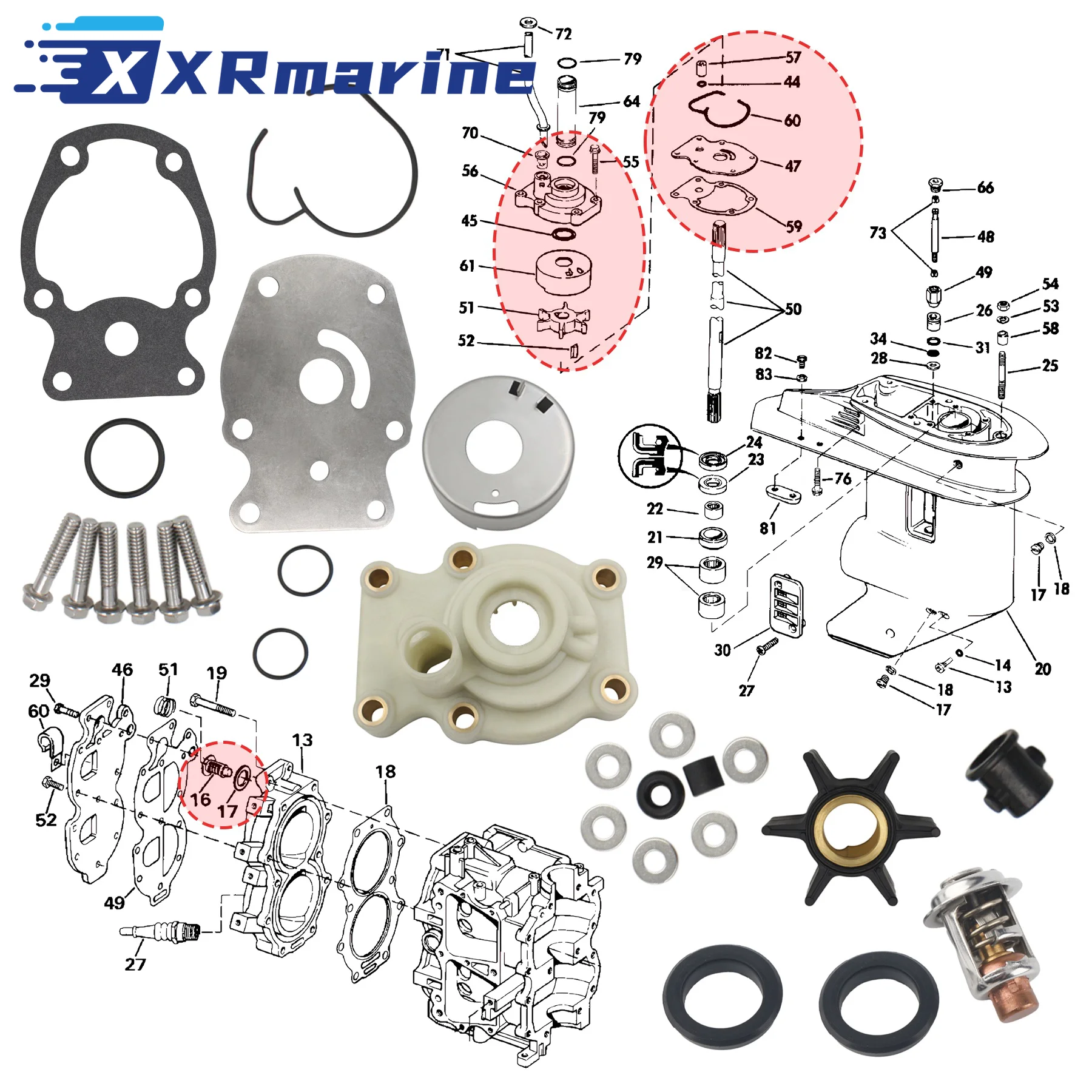 

0391636 Outboard Water Pump Repair Kit W/ Thermostat Kit Fits for Evinrude Johnson 20 25 30 35 HP Motors 393630 0390344 18-3382