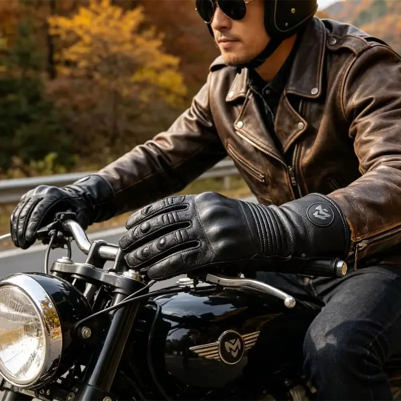 Retro Genuine Leather Motorcycle Riding Gloves for Men Breathable Ventilated Full Finger Classic Motorbike Gloves All Seasons