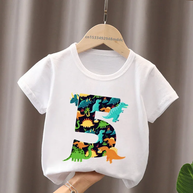 Different Dinosaur Tyrannosaurus Rex Birthday Number Bow Kids T shirt 1 2 3 4 5 6 7 8 9 Years Girls Clothes Baby Boys T-Shirts