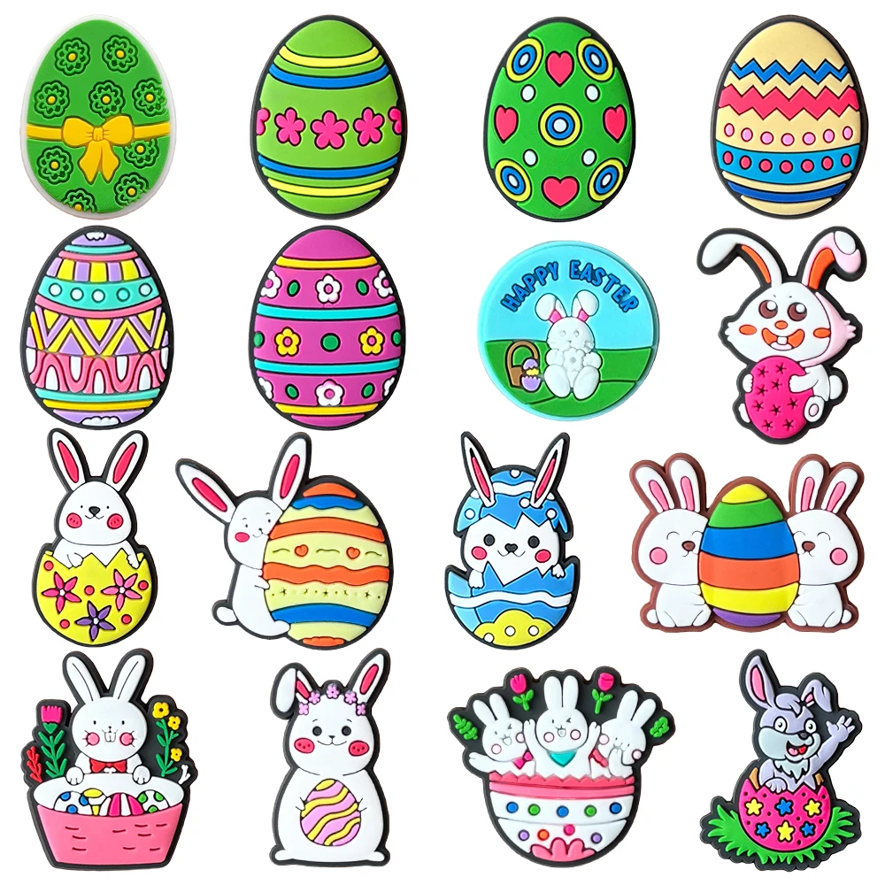 New 1PCS Cute Cartoon Color Easter Eggs Animals PVC Accessories Decorate Rabbit Shoe Charms For Girl Kid Boy Festival Funny Gift