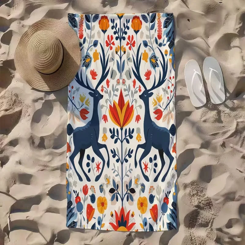 Pastoral Art Deer Floral Print Beach Towel Colorful Botanical Pattern Quick Dry Soft Absorbent Sand Free Towel for Summer Travel