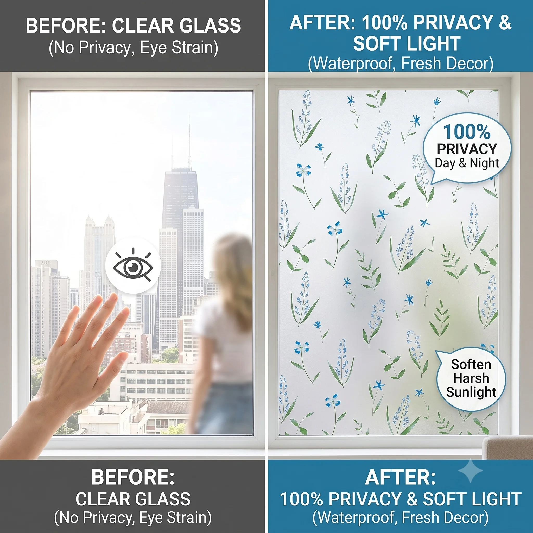 植物柄自己粘着性つや消し窓フィルム 緑の葉と青白い野花柄 プ - Window Insulation Film のレビューと価格
