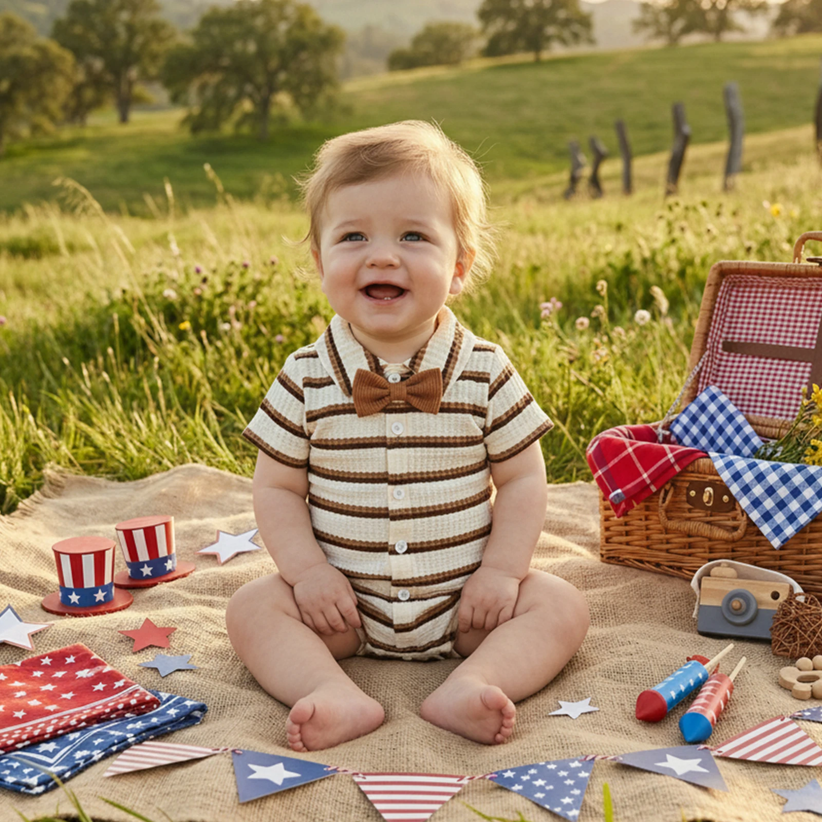 Newborn Baby Boy Striped Bowtie Romper Short Sleeve Collared Button-up Jumpsuit Cute Summer Clothes