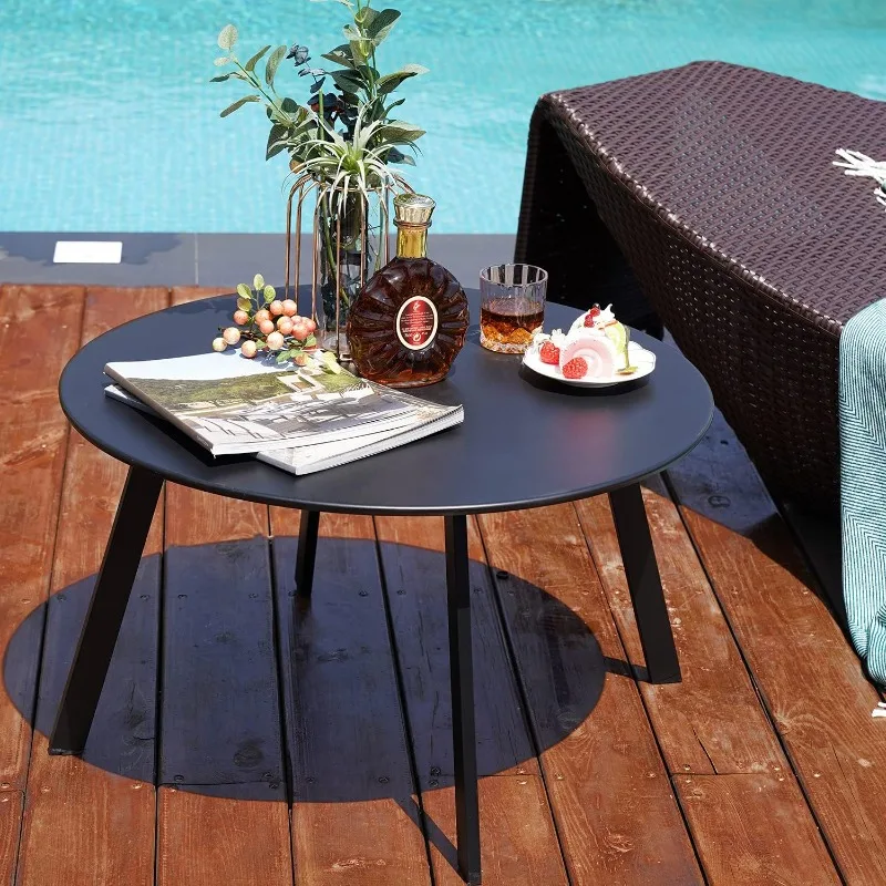 Round Steel Patio Coffee Table, Weather Resistant Outdoor Large Side Table, Black…