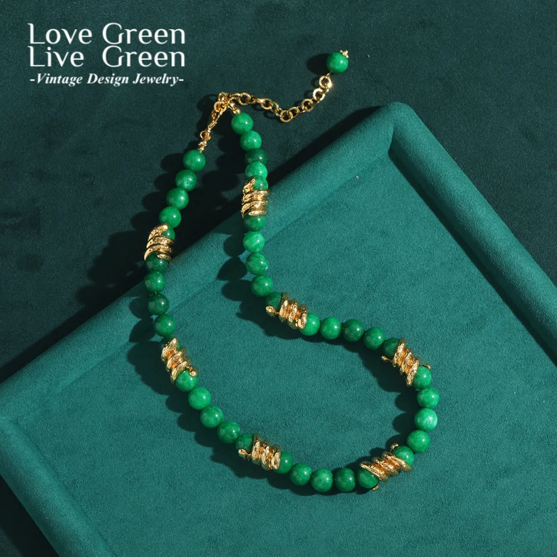 

Beads Green Necklace Vintage Elegant Glass Gold Color Ball Woman Natural Stone Luxury Quality Designer Jewelry Mothers Day Gift