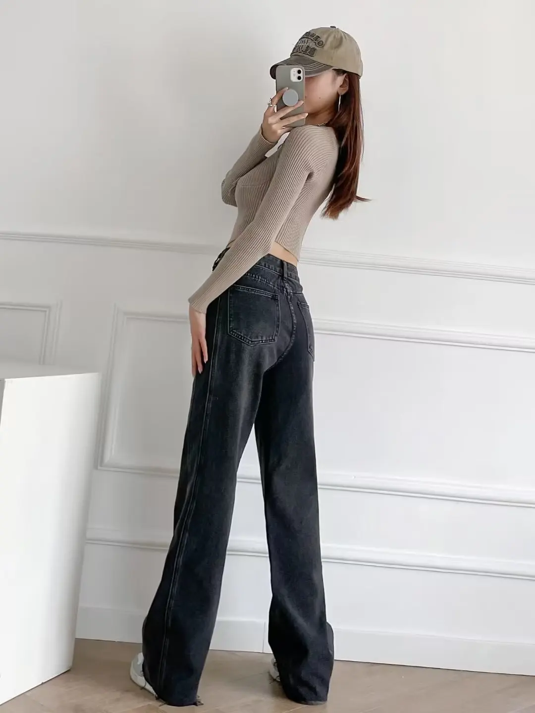 미국 레트로 하이웨이스트 와이드 레그 진 하이웨이스트 더블 스티치 프레이드 플로어 길이 슬리밍 효과