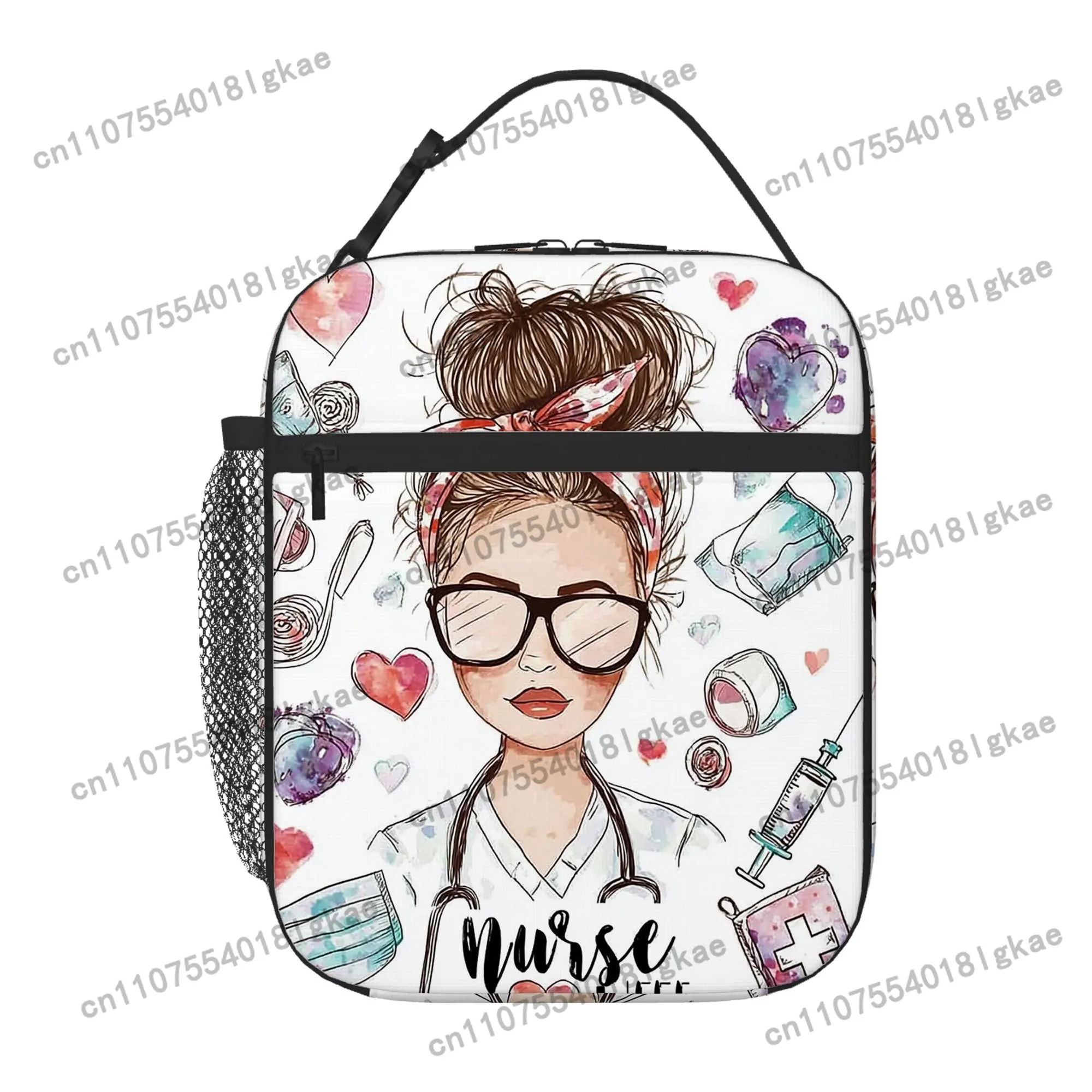 1pc Nurse Thermal Bag with Medical Icons (Stethoscope, Pills, Hearts) - Pastel Colors - Non-Food Contact Insulated Cooler Bag fo