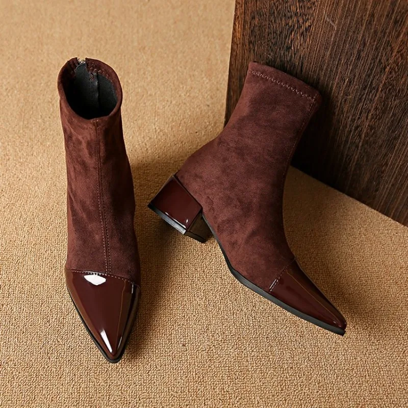Autumn Winter Vintage Slim Women Ankle Boots Ladies Concise Pointed Toe Square Heel Short Botas Fleece Lined Zapatos De Mujer