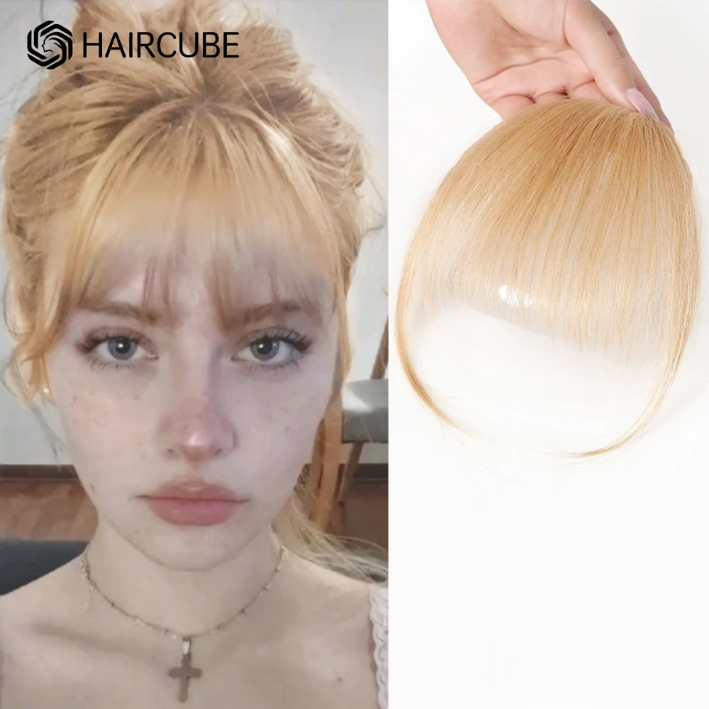 100% Human Hair Bangs Golden Blonde Bang Wigs Hair Clip in Bangs Fake Fringe with Temples Hairpiece for Women Clip on Air Bang