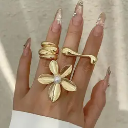 DIEZI French Style Irregular Flower Pearl Rings For Women Men Geometric Gold Silver Color Knuckle Joint Ring Jewelry 2024 New