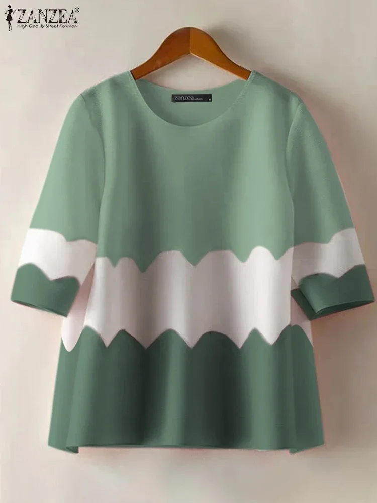 ZANZEA 2025 Summer Women Blouses Fashion Vintage Casual Short Sleeve Colorblock Blusas Tunics Casual O-neck Tops Streetwear
