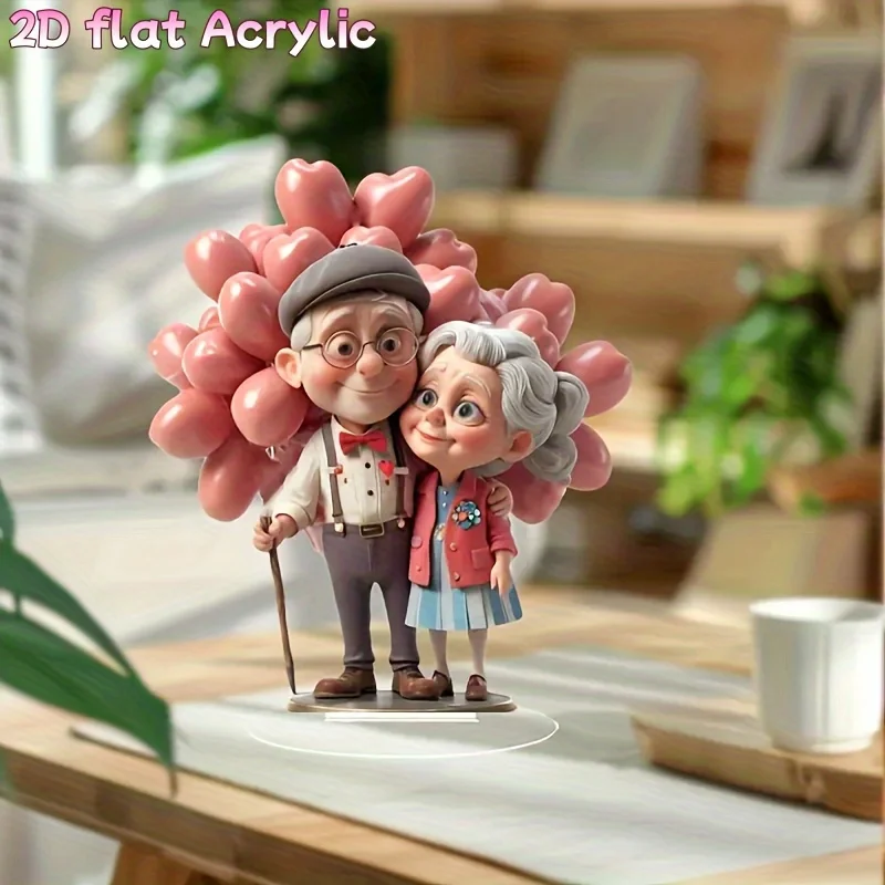 Elderly Couple With Pink Heart Balloons Acrylic Table Ornament 2D Sweet Old‑Age Love Themed Desktop Decor For Valentine’s Day