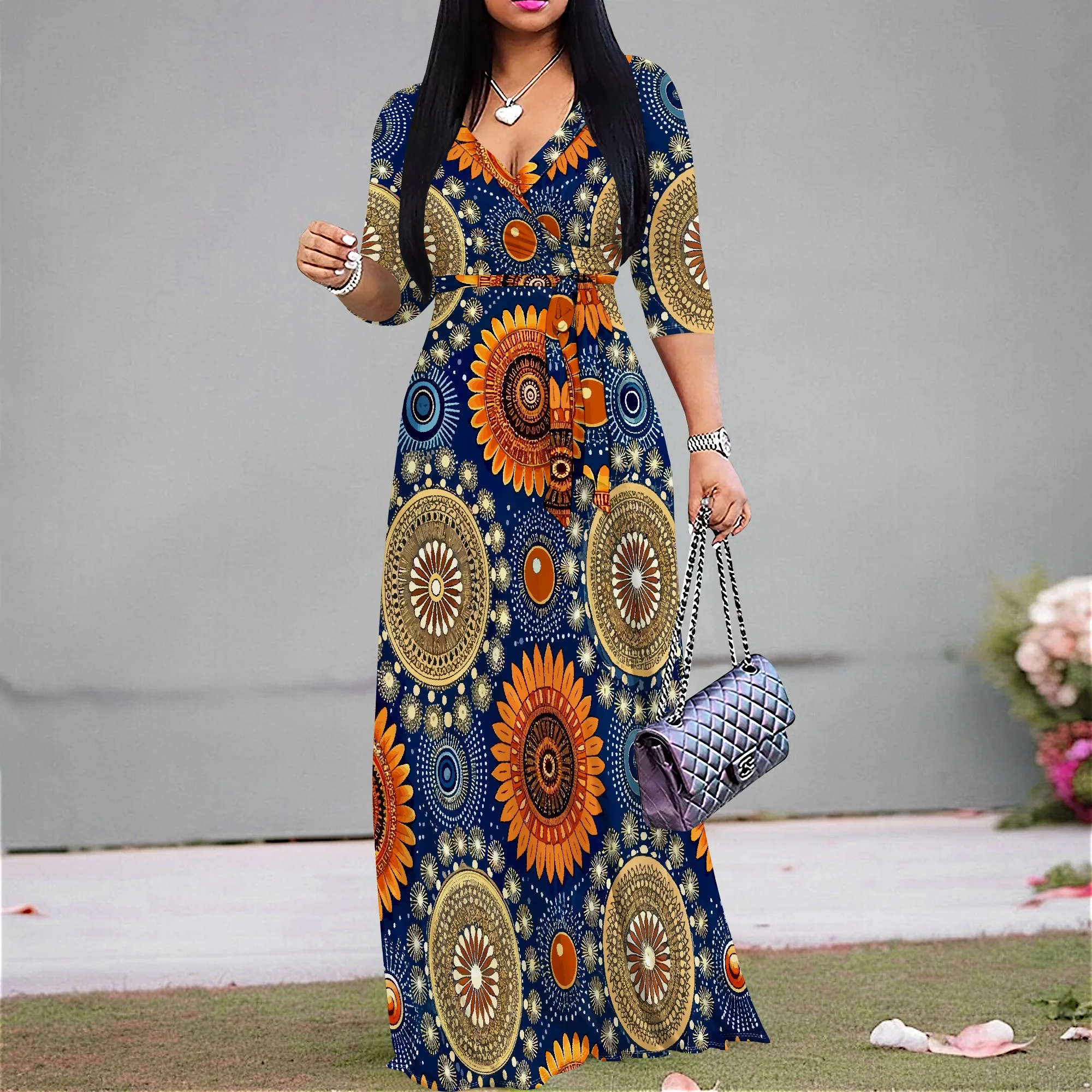 

African Print Boho Women's V-Neck Wrap Maxi Dress 3/4 Sleeve Belted Summer Festival Party Dress XS-3XL