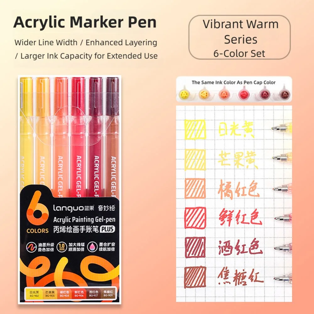 

6Colors/Set 1.0mm Tip Acrylic Painting Brush Art Drawing DIY Album Card Color Graffiti Pen Multi-Purpose Journaling Colored Pen