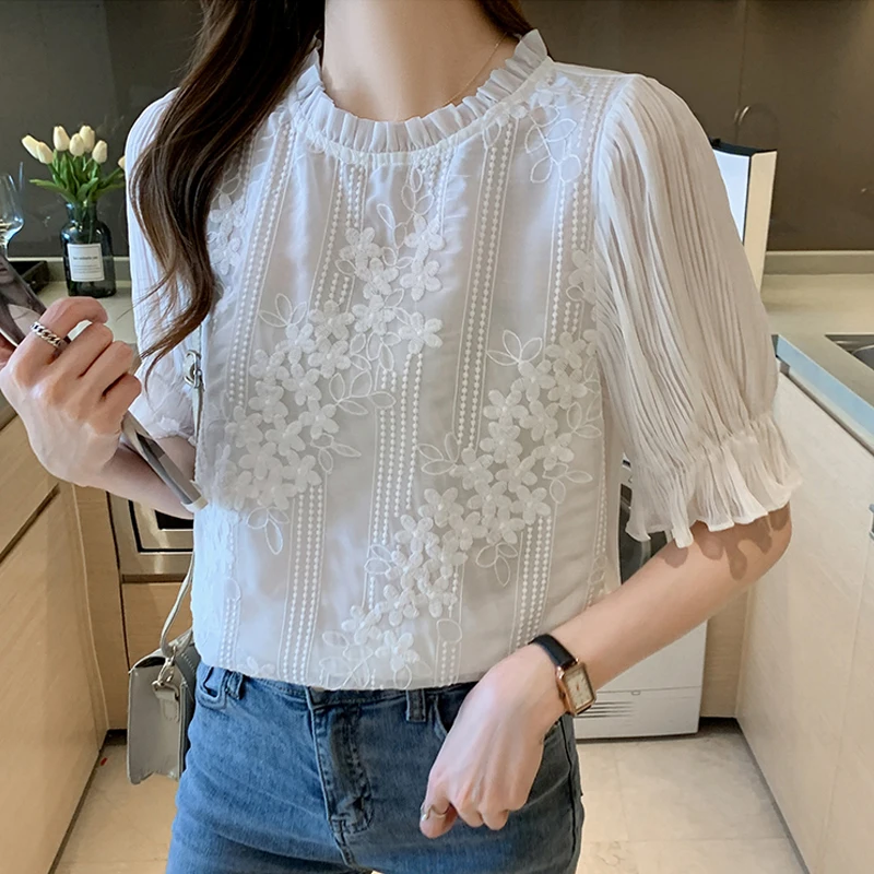 Summer Women Blouse Short Sleeve Embroidery Lace Chiffon Blouse Shirt Blouse Women Blusas Mujer De Moda 2024 Blouses Femme 18927