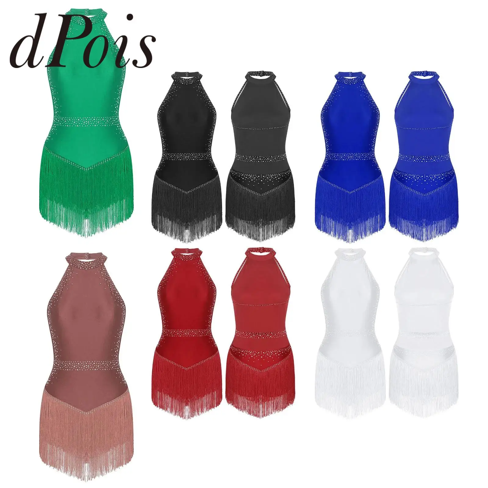 Women Halter Fringed Latin Dance Leotard Dress Rhinestones Sleeveless Tassel Bodysuit for Tango Samba Ballroom Jazz Dancewear