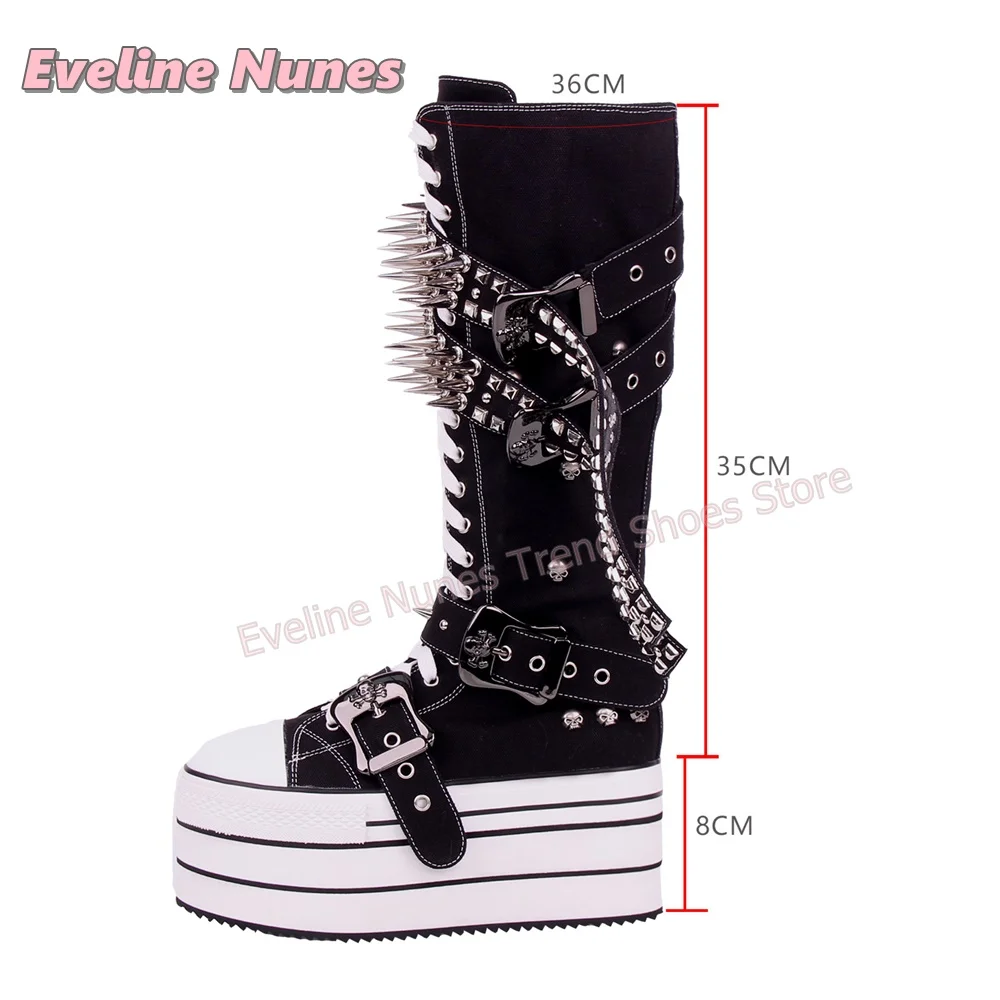 Black Canvas Platform Knee High Boots Metal Spike Rivet Multi Buckle Lace Up Side Zip Tall Boots Y2K Punk Rock Street Footwear