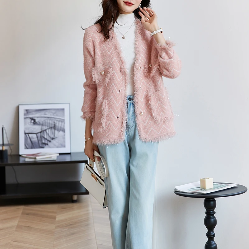 Faionable-abrigo de punto de fraancia pequeña para mujer, cárdigan de Color puro de fibra de poliéster Thiened para otoño e invierno