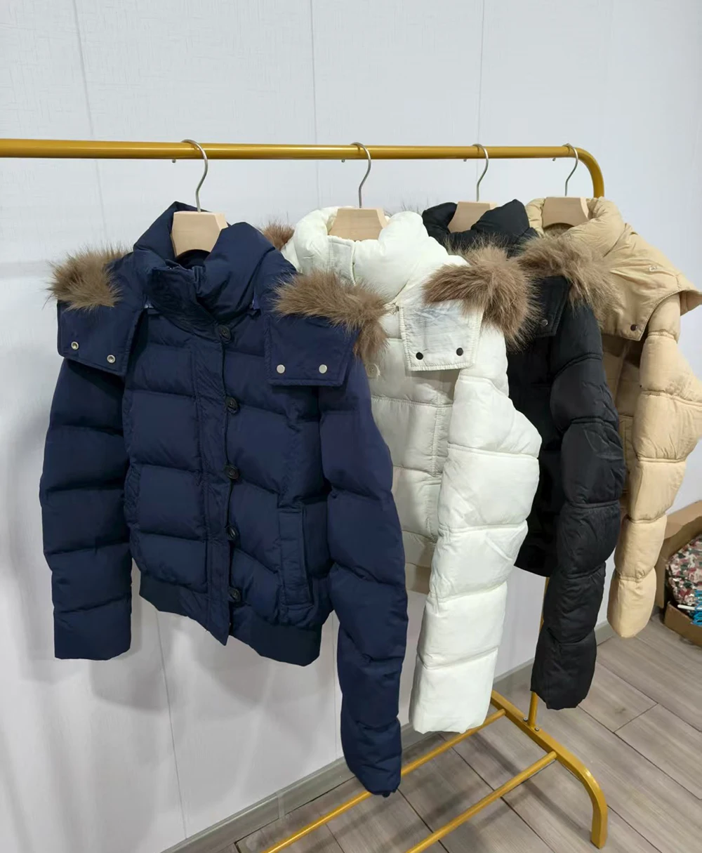 

Высококачественное белое хлопковое женское пальто с меховым воротником и капюшоном, новинка зимы 2025, универсальное утолщенное теплое хлопковое пальто в корейском стиле