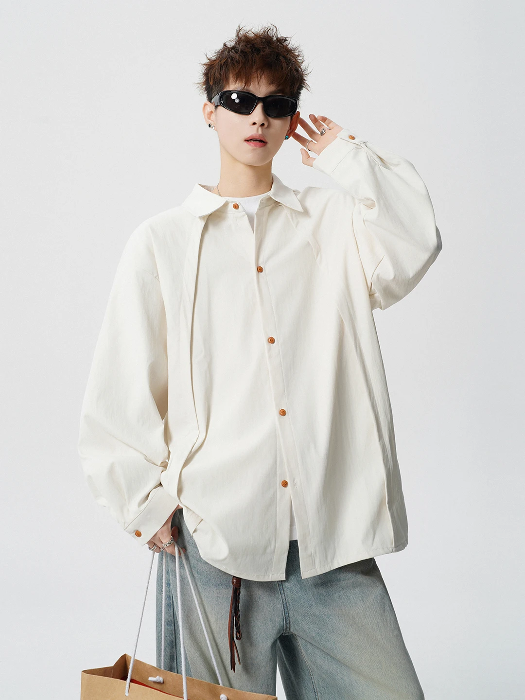 

Деконструированная повседневная мужская рубашка с длинным рукавом, весна 2026, новая модель, в стиле пэчворк, городская мода, полиэстер, дышащая, комфортная