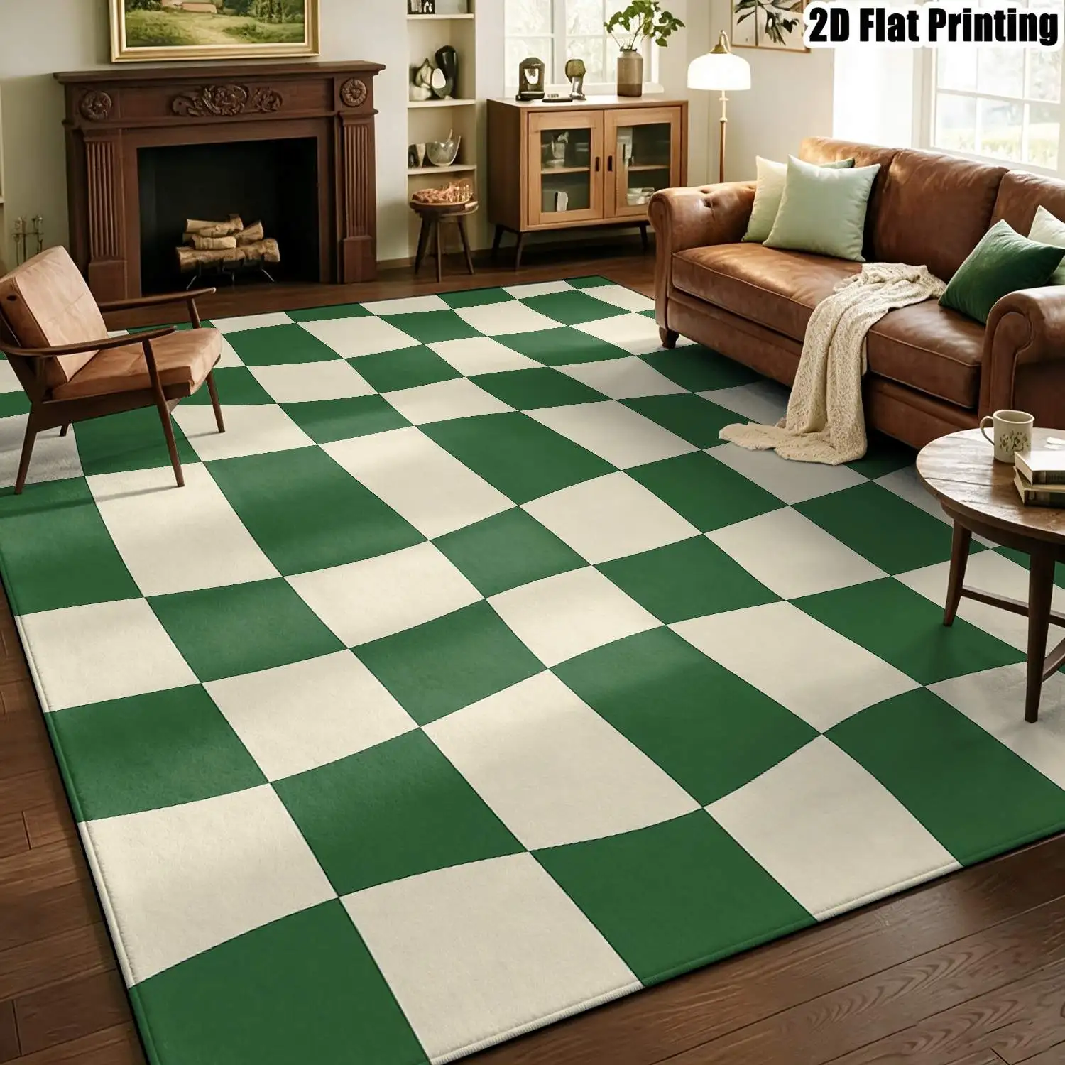 1Pc 2D Printed Carpet: Green White Geometric Wave Nordic Style, Instagram-Worthy Home Decor Rug, Machine Washable, Multi-Size for Entrance, Dining, Living, Bedroom