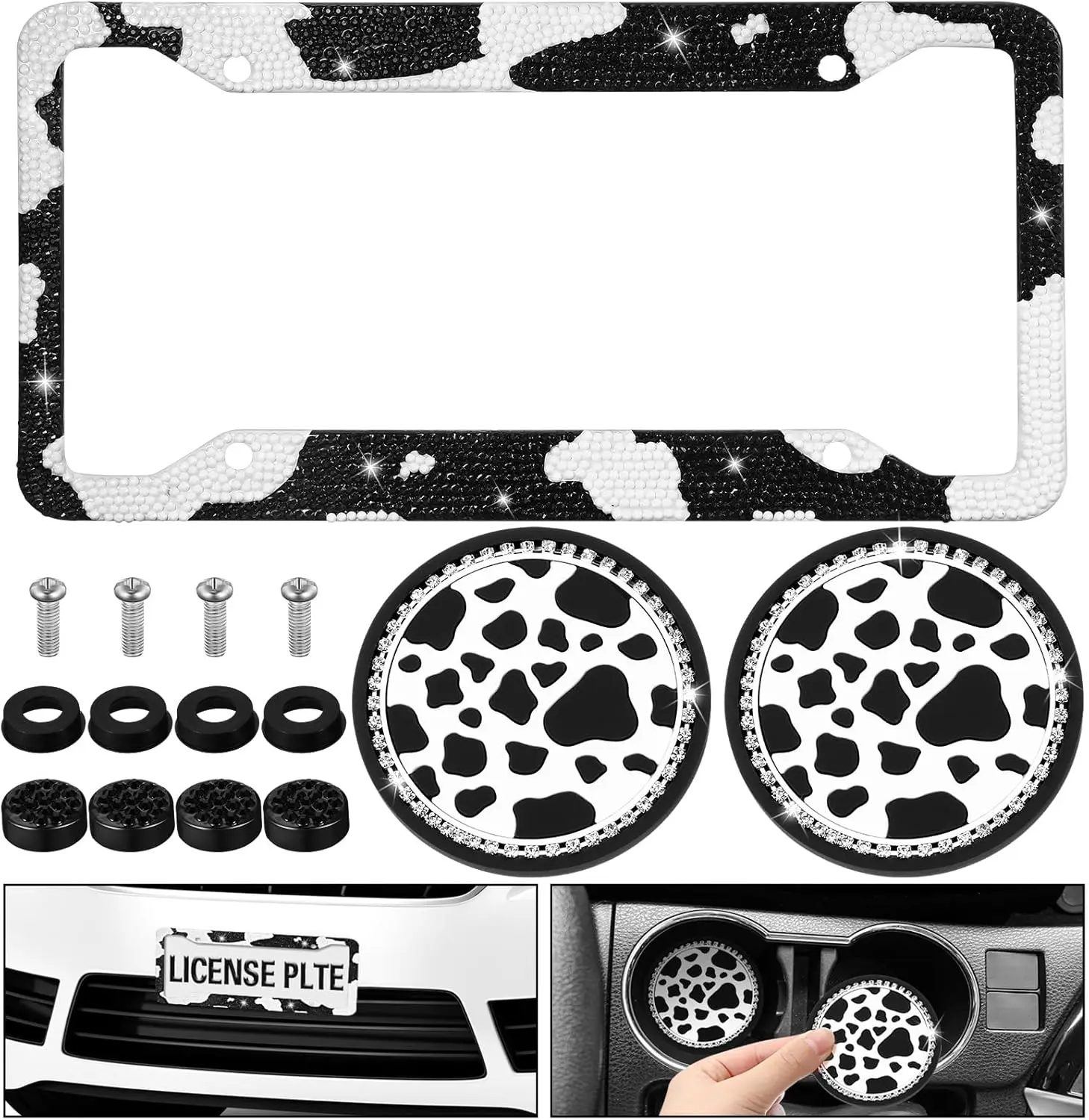 

Cow Print License Plate Frame with Rhinestones & 2 Bling Anti Slip Cup Holders for Women, Rust Proof Stainless Steel Car