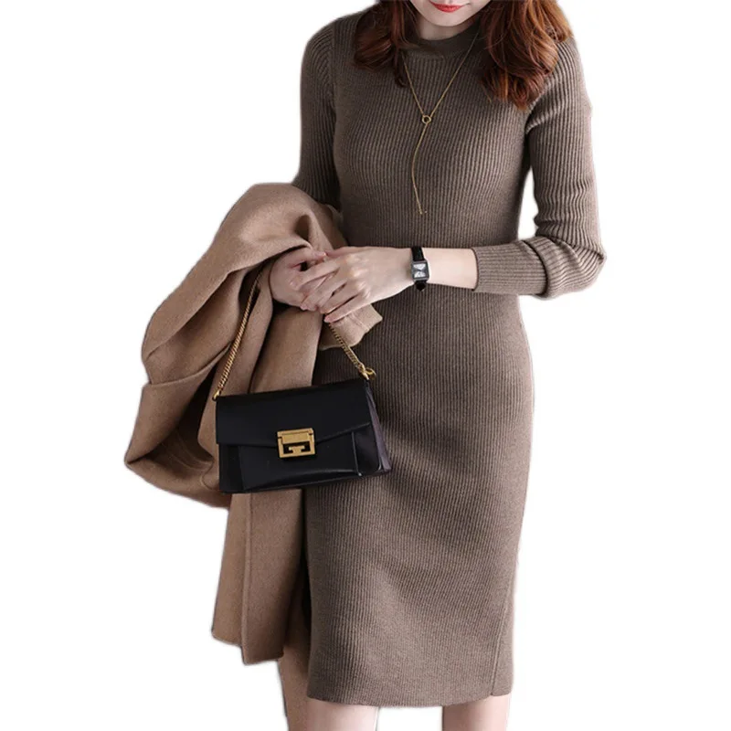 2023 Autumn/Winter Korean Version New Round Neck Long Sleeve Dress Slim Fit and Fashion Solid Color Mid length A-line Dress