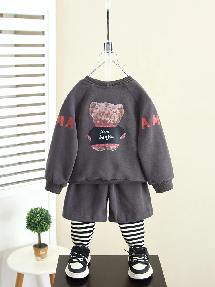 Baby Boy Girls Spring Sports Suit Kids Clothes Sets Bear Print Sweatshirt + Sweatpants Children Autumn Cotton Casual Sportswear