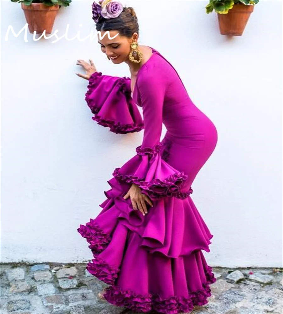 

Spanish Flamenco Dance Evening Dress Fuchsia Queen Mermaid Flare Sleeves Prom Gowns Tight Custume Women Formal Party Customized