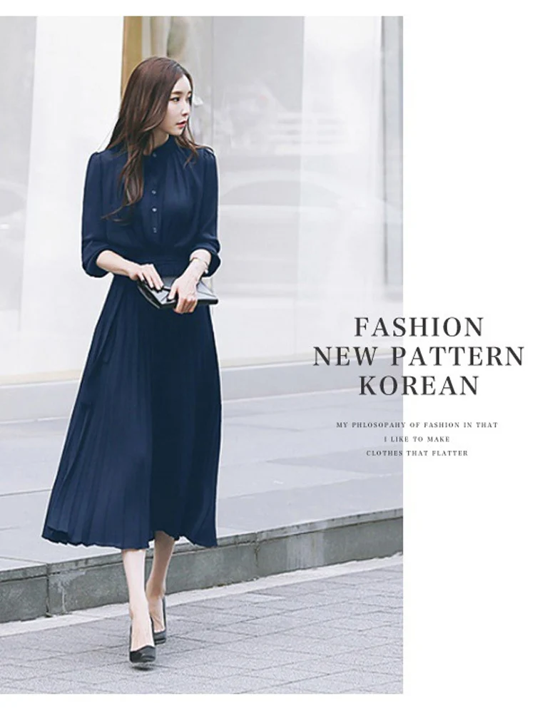 Autumn Long Sleeve Pleated Dress 2022 Women Elegant Midi Dress Office Ladies Vintage Dresses with Belt High Waisted High Quality