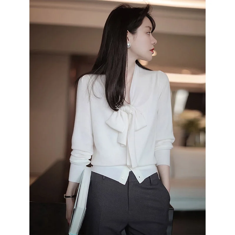 

Белый вязаный свитер с узлом Sa, женский осенне-зимний новый тонкий верхняя одежда Sle Ele, модный топ Long Sve