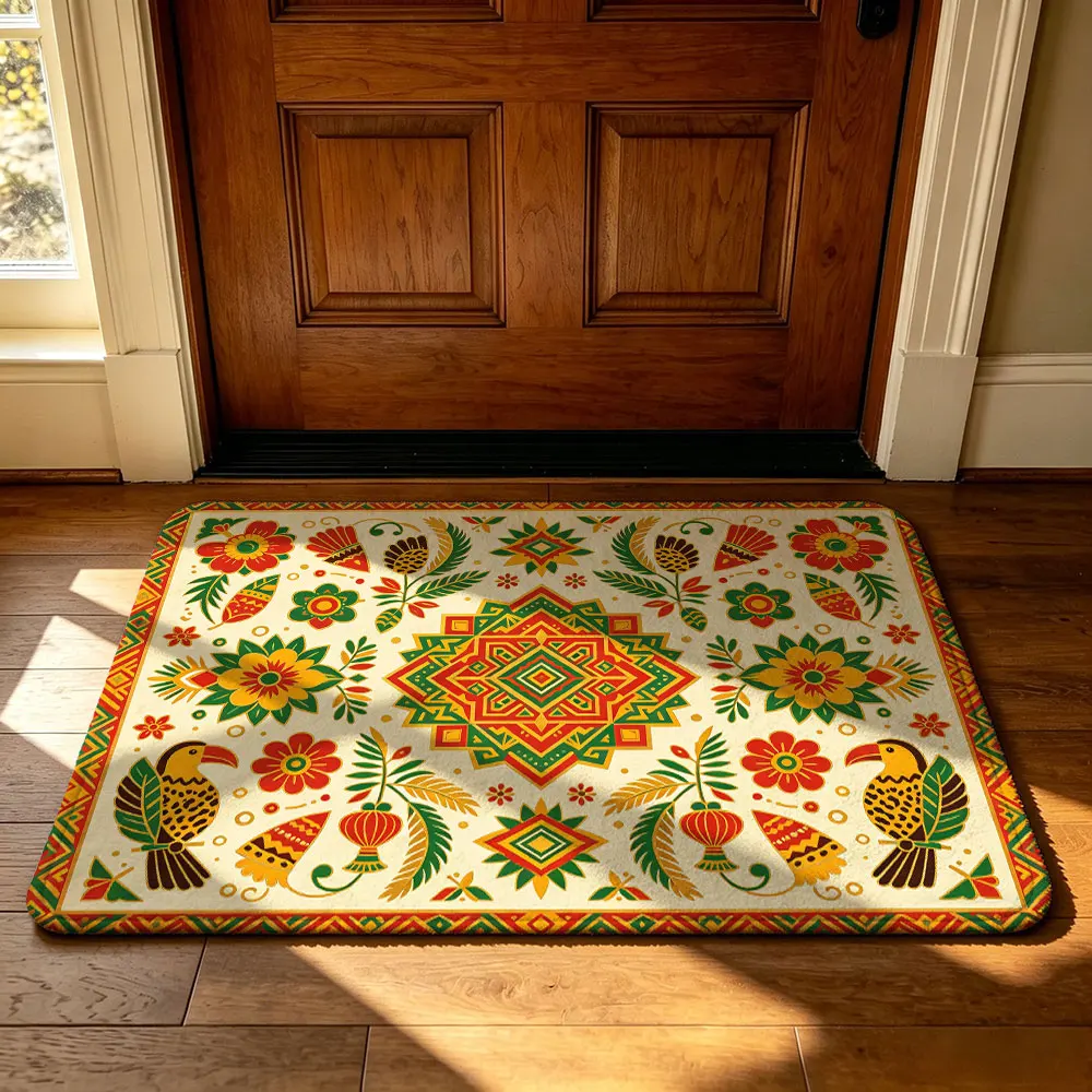 Boho Floral Parrot Pattern Felt Door Mat Ethnic Style Entryway Rug Non-slip Washable Front Door Mat for Home