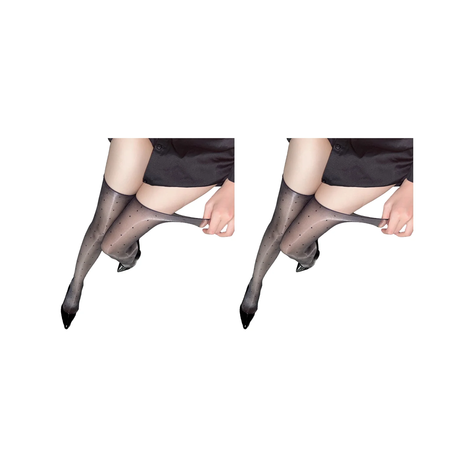 Glossy knee-high socks 7 pairs set: black/skin color/gray polka dots + pure gray/white/black/skin color