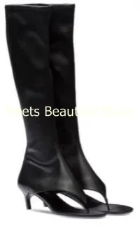 Summer New Women Leather Clip Toe Knee High Thong Boots Female 50mm Heels Slim Slip On Elastic Long Botas Shoes