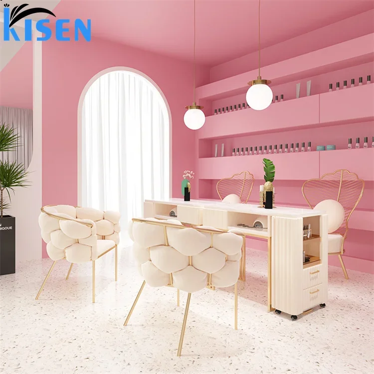 Kisen modern style beauty salon nail station furniture double marble top portable white manicure table