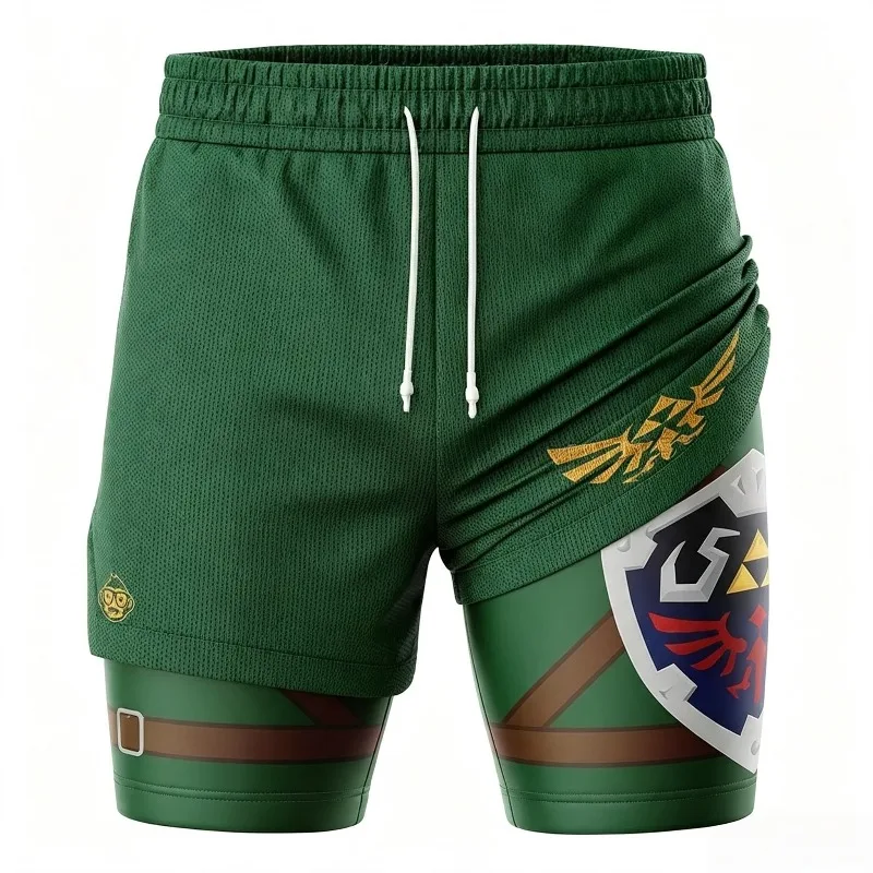 Men Boys 2-in-1 Fitness Training Shorts The Legend of Zelda Link Hylian Shield Print Outer Shorts Gym Running Beach Short Pants view 4