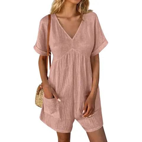 Summer Casual Overalls For Women Loose Ruched Short Sleeve V Neck Shorts Jumpsuits With Pockets Rompers Solid Bib Overall