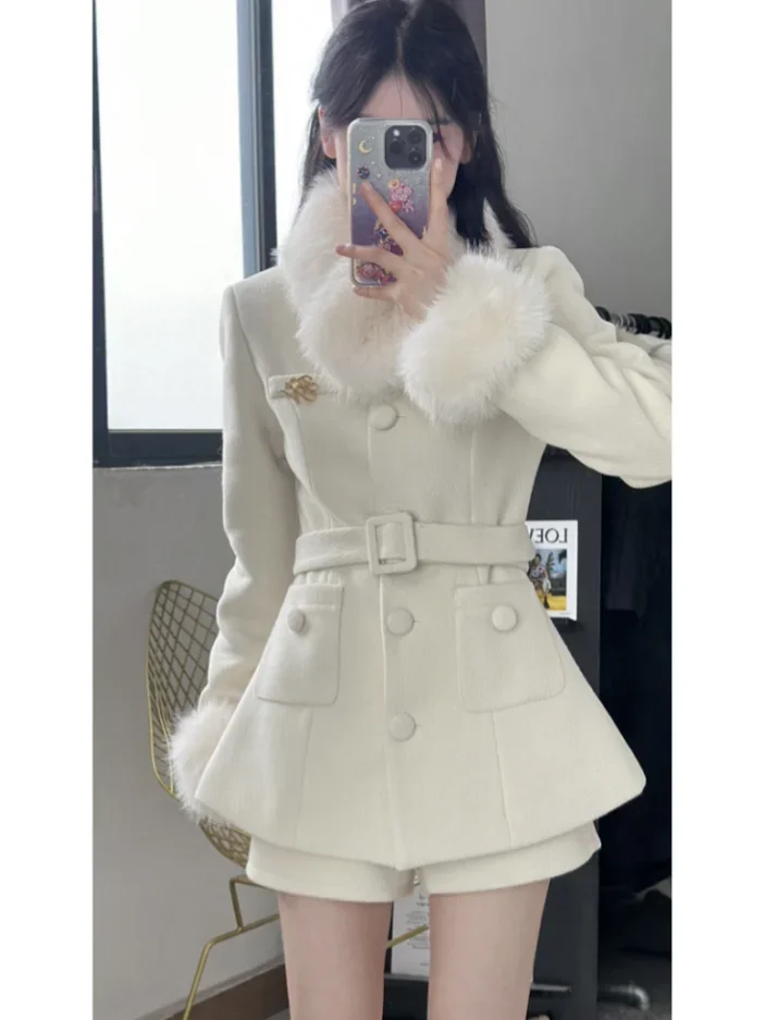 Imitation Fox Fur Splicing Waist Slimming Wool Coat Women Clothing Winter High Waist Shorts High End Two Piece Set Women Outfits