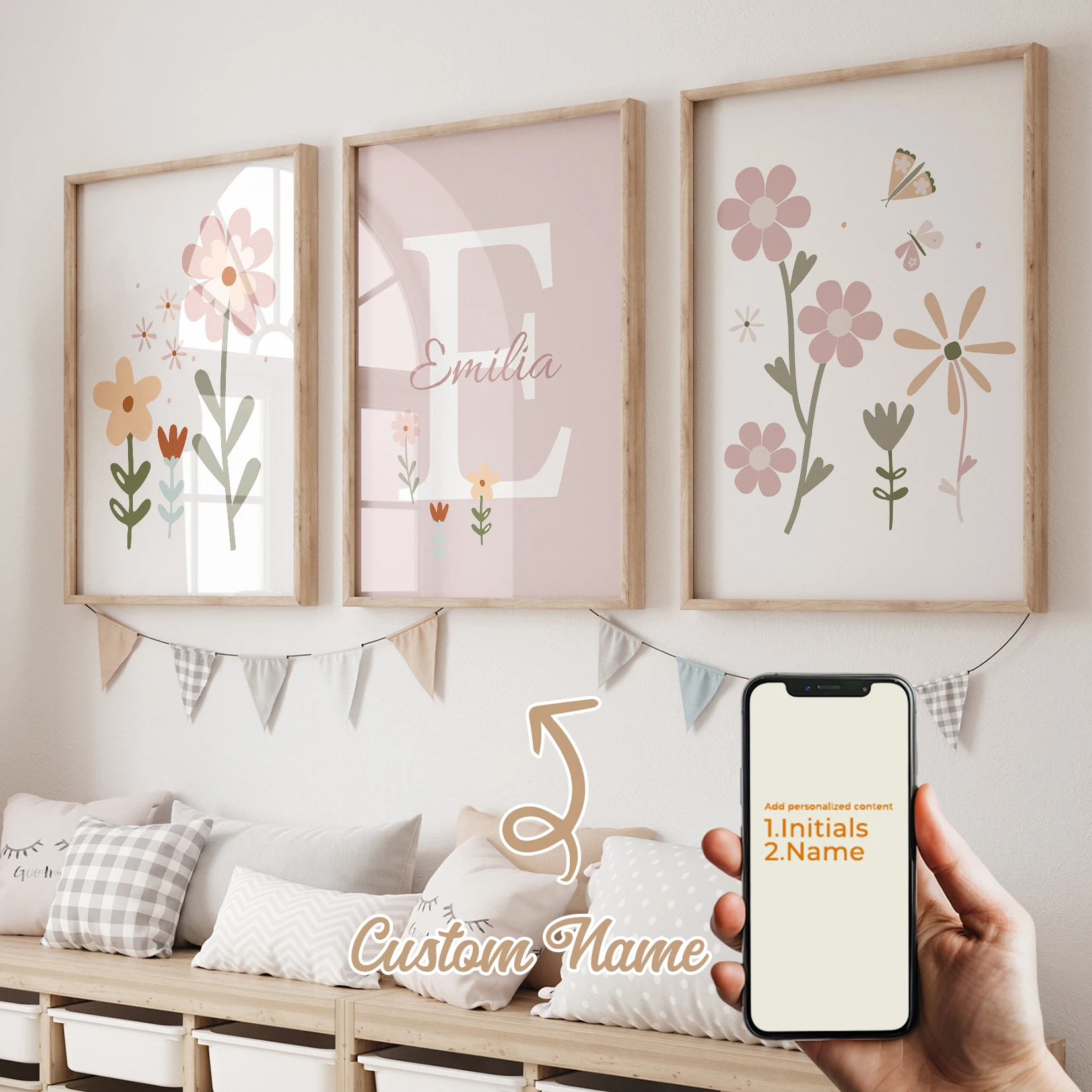 3-teiliges Personalisiertes Benutzerdefiniertes Namens-Cartoon Rosa Blumen Wandkunst Druck Bild Leinwand Poster Gemälde Wohnzimmer Heim-Dekoration