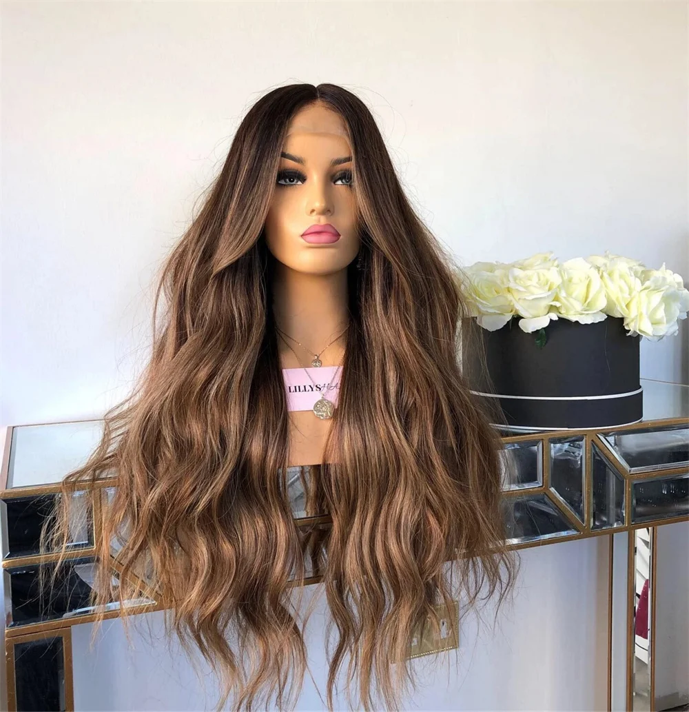Synthetic Mix Human Hair Wig 1B/30 Highlights Lace Front Wig Dark Roots High Heat Long Chocolate Brown Wig for Daily Party Use