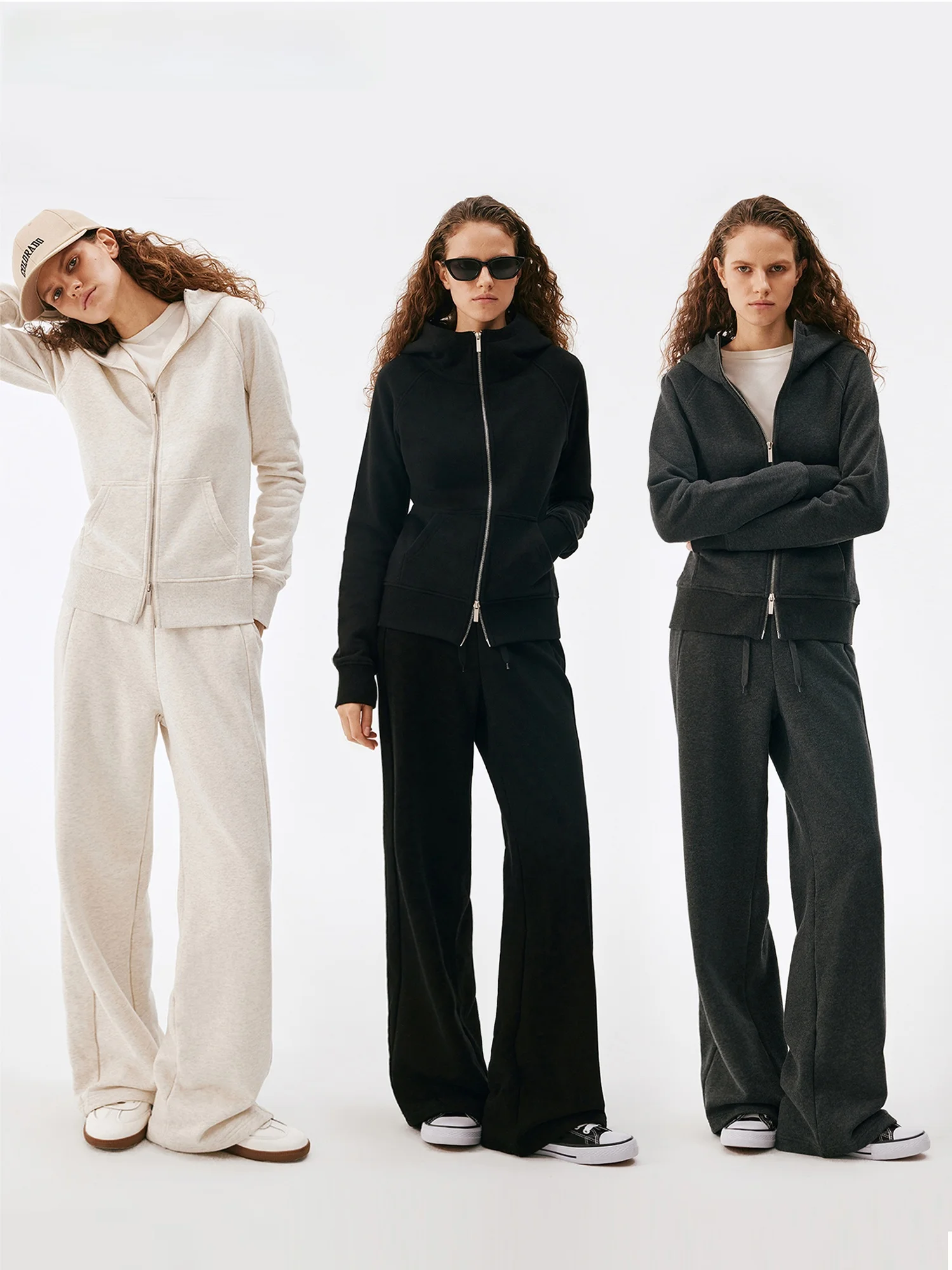 Women's Casual Zipper Fleece Hoodie Jacket And Pants Set Short Waist-Cinching Zipper Cardigan Style Comfortable Cotton Blend
